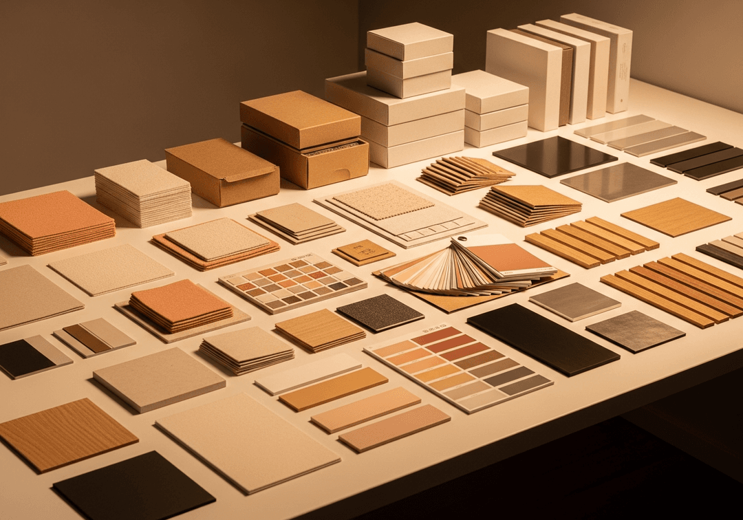 Product samples, fabric swatches and packaging materials on a desk for quality review