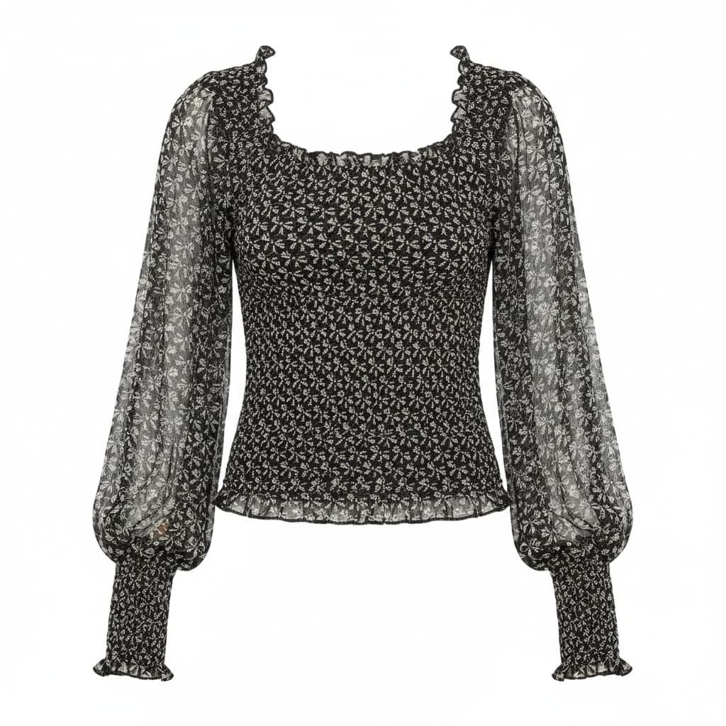 Dottie Bow Print Sheer Sleeve Smocked Top