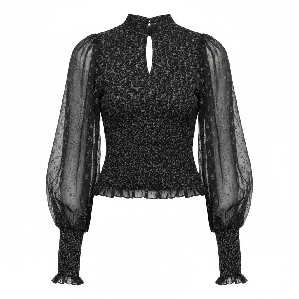 Dottie Bow Print Sheer Sleeve Smocked Top