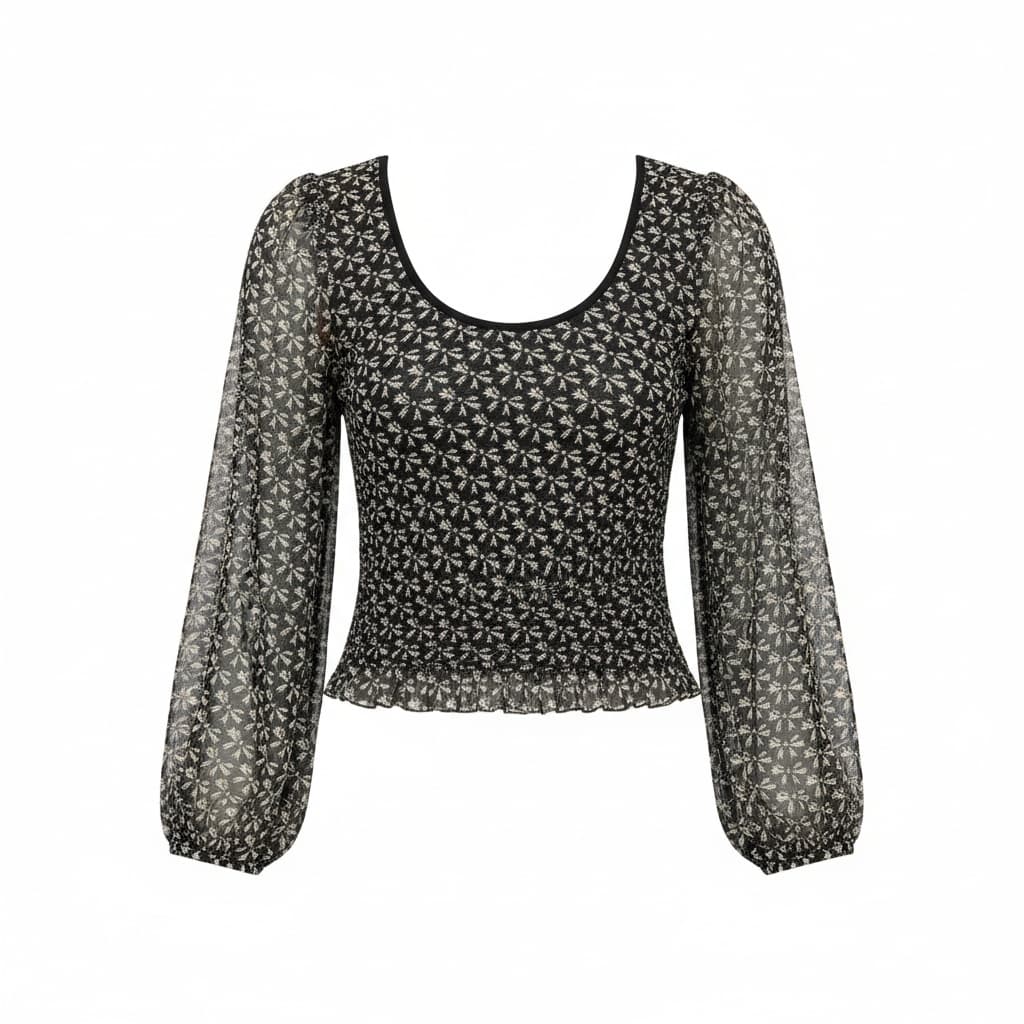 Dottie Bow Print Sheer Sleeve Smocked Top