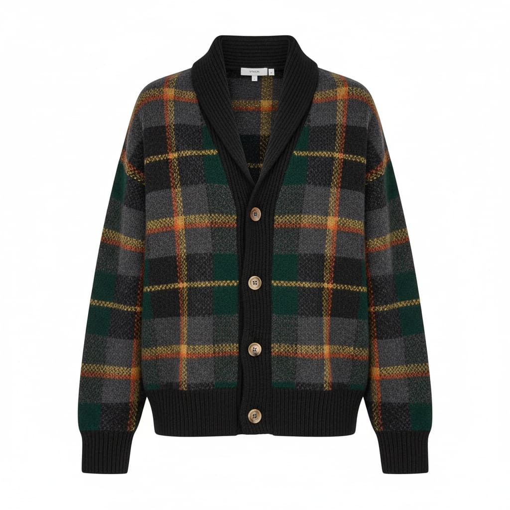 Checked Plaid Cashmere Polo Cardigan