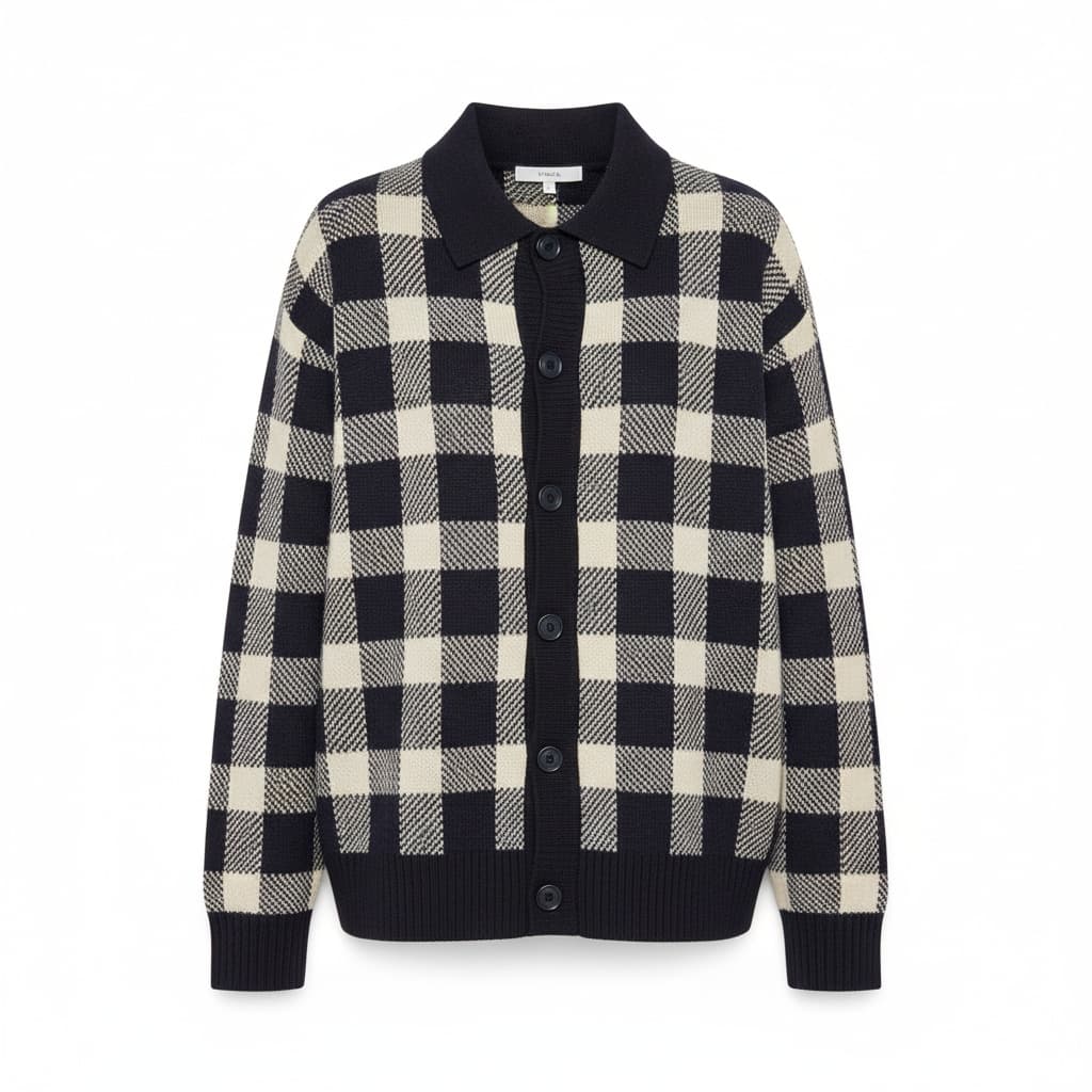 Checked Plaid Cashmere Polo Cardigan