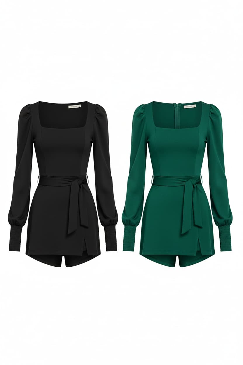 Constant Charm Black Long Sleeve Square Neck Romper