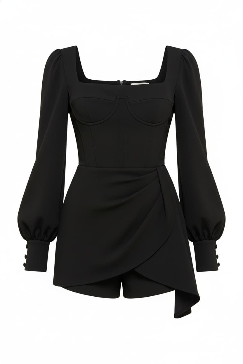 Constant Charm Black Long Sleeve Square Neck Romper