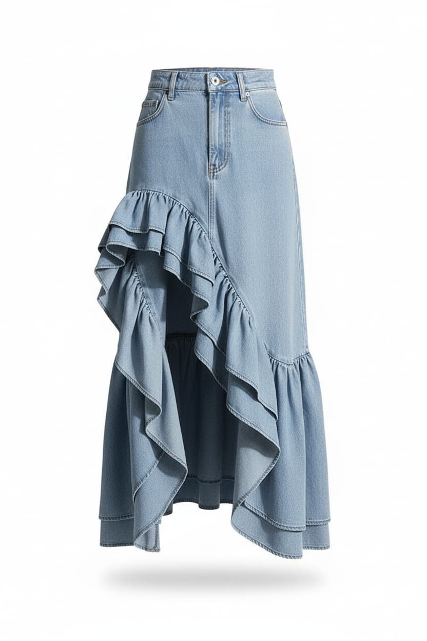 Asymmetric Ruffled Tiered Denim Skirt